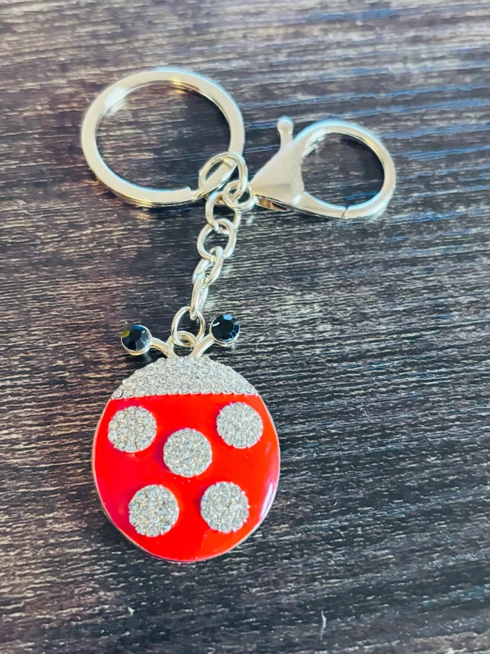 Gold Tone Red Ladybug Crystal Rhinestone Keychain